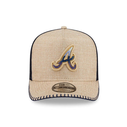 Pictured is this MLB Beaded Atlanta Braves 9FIFTY A-Frame Trucker cap in beige. 3