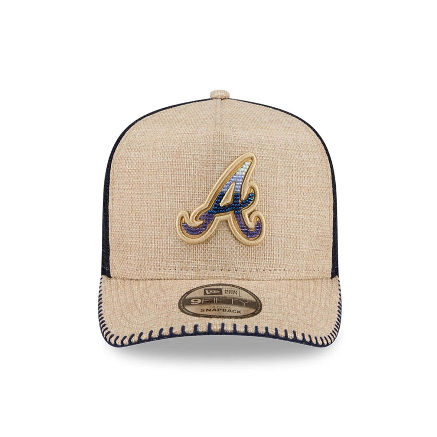 Pictured is this MLB Beaded Atlanta Braves 9FIFTY A-Frame Trucker cap in beige. 8