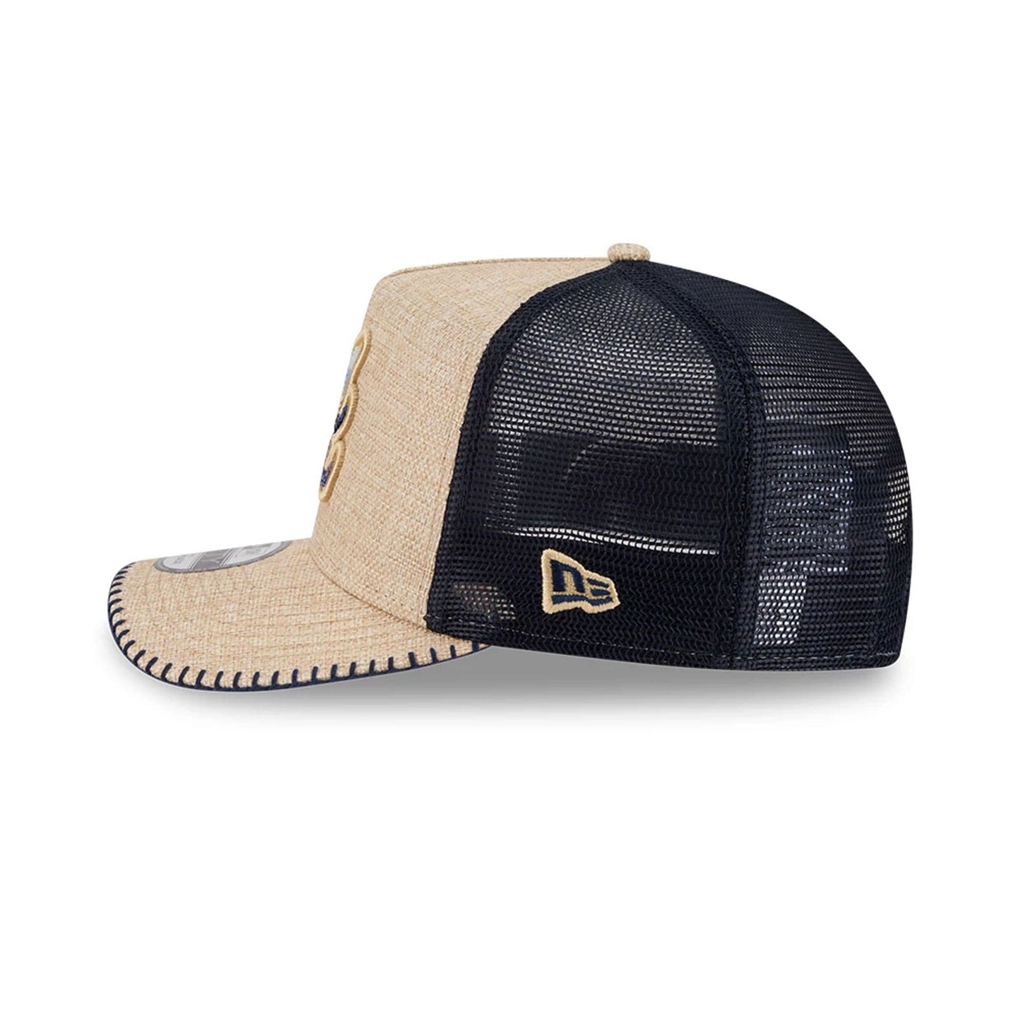 Pictured is this MLB Beaded Atlanta Braves 9FIFTY A-Frame Trucker cap in beige. 5