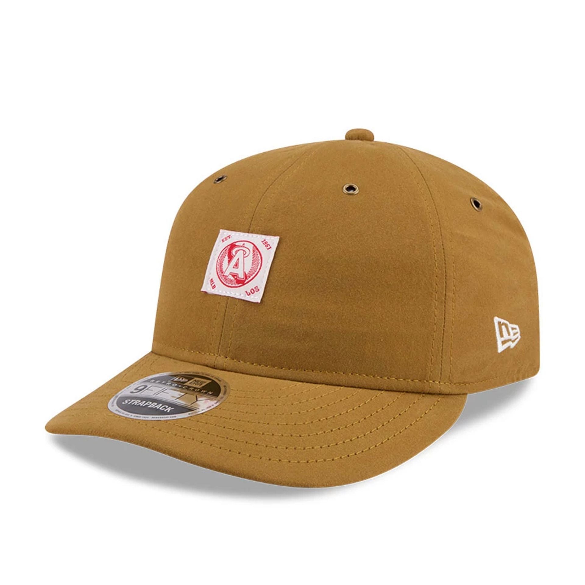 Pictured is this MLB Brushed LA Angels Retro Crown 9FIFTY cap in dark beige. 1