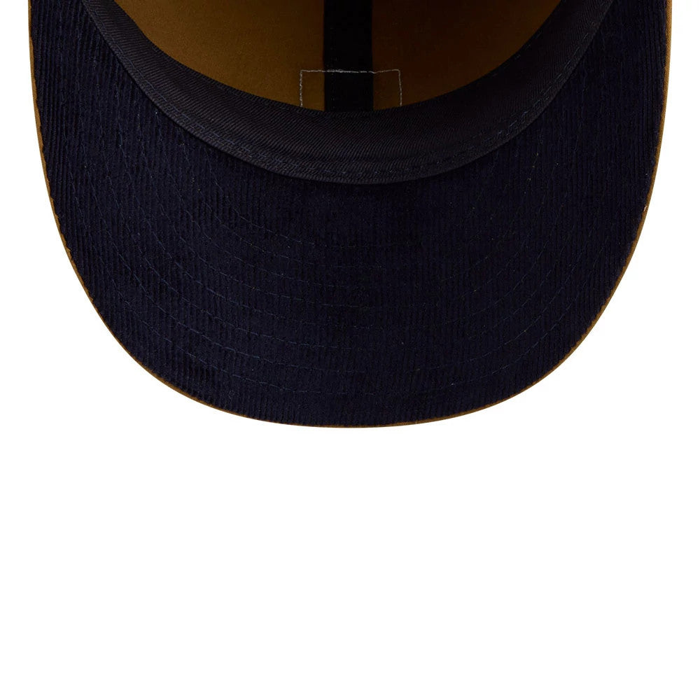 New York Yankees MLB Brushed Dark Beige Retro Crown New Era 9FIFTY Adjustable Cap, inside view showing a black sweatband, dark undervisor, and brown interior with a single black strip of taping.