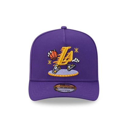 Pictured is this NBA Cartoon LA Lakers 9FIFTY A-Frame Snapback cap in purple. 3