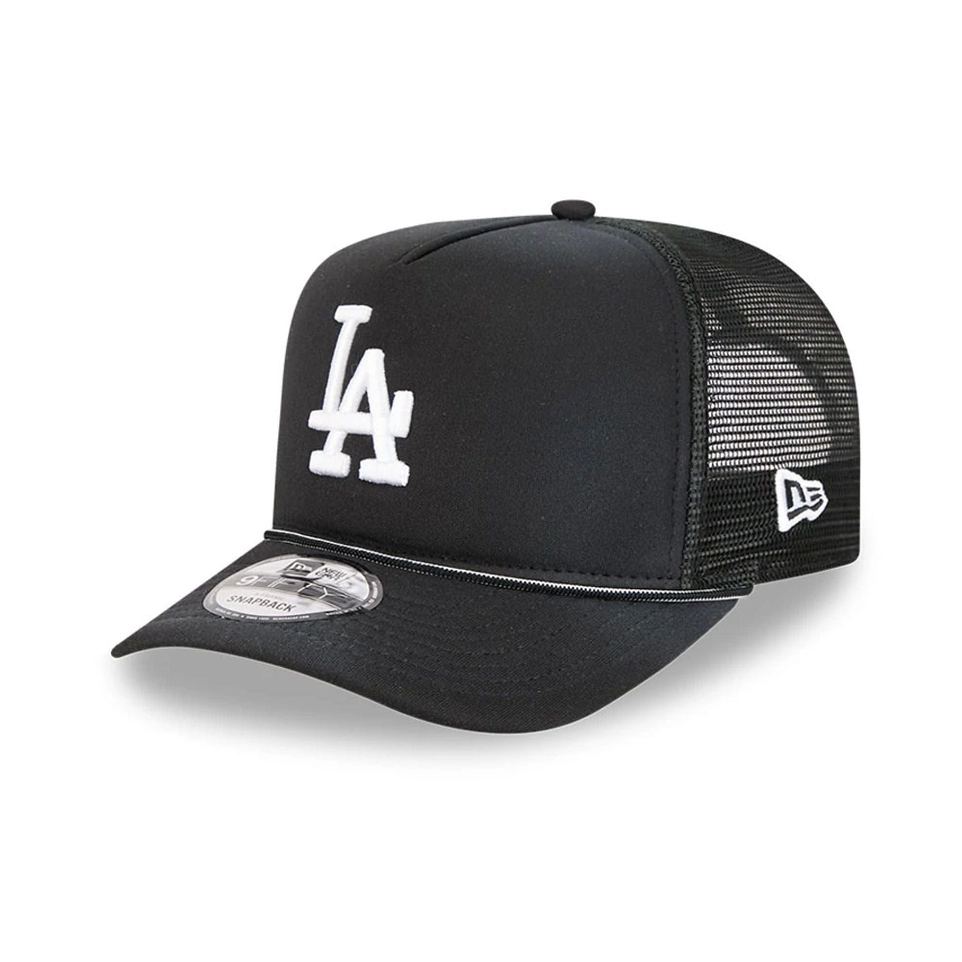Pictured is this MLB Washed LA Dodgers 9FIFTY A-Frame Trucker cap in black. 1