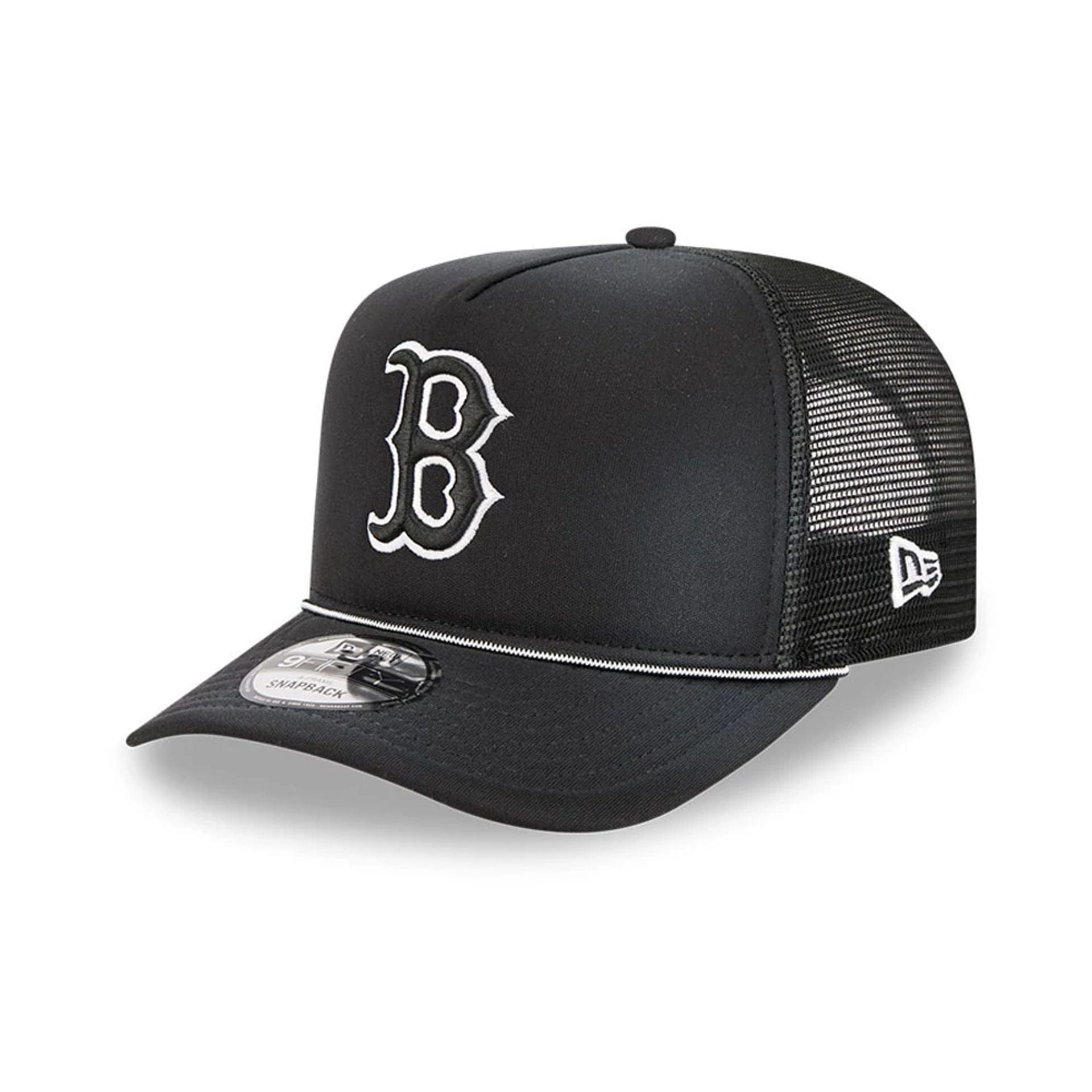 Pictured is this MLB Washed Boston Red Sox 9FIFTY A-Frame Trucker cap in black. 1