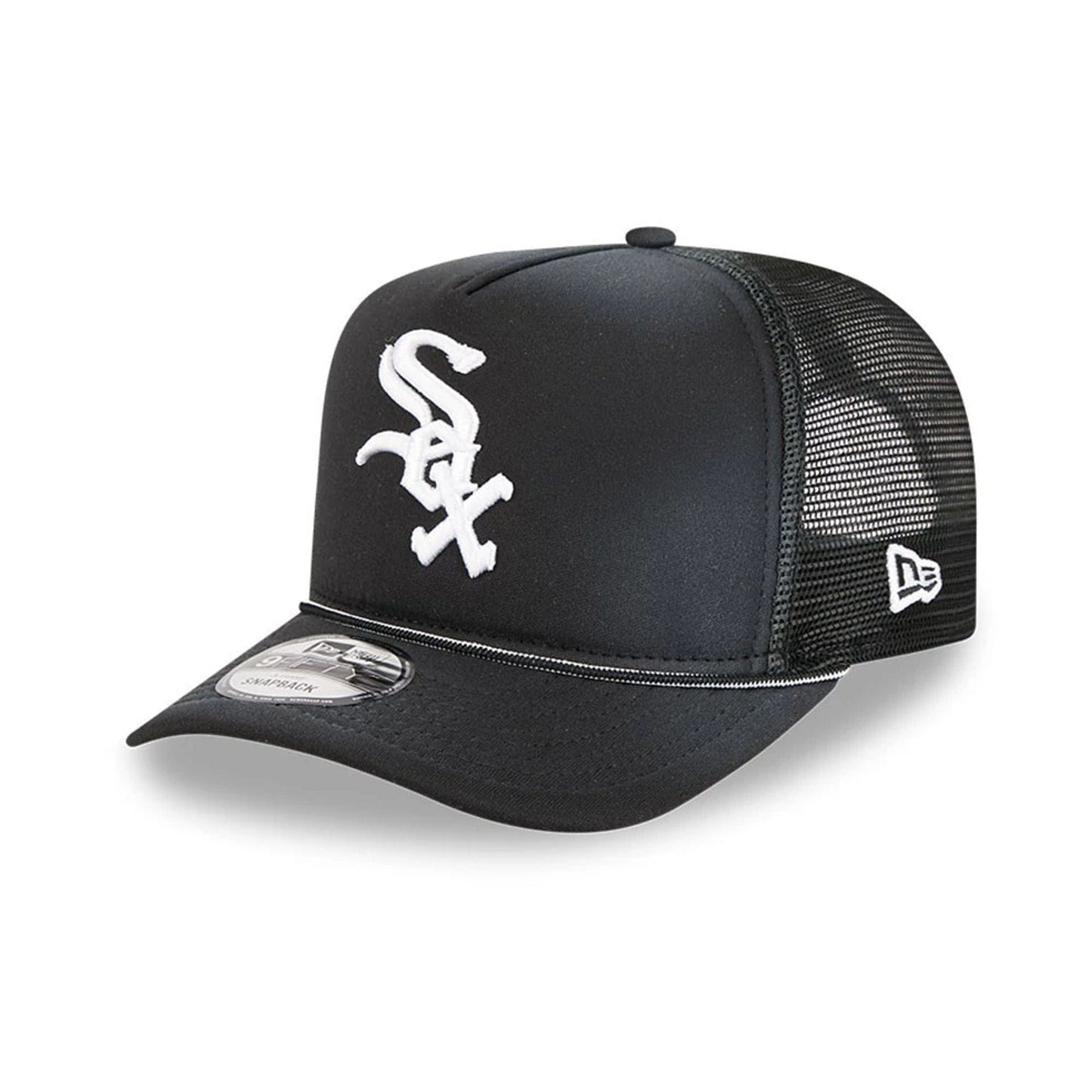 Pictured is this MLB Washed Chicago White Sox 9FIFTY A-Frame Trucker cap in black. 1