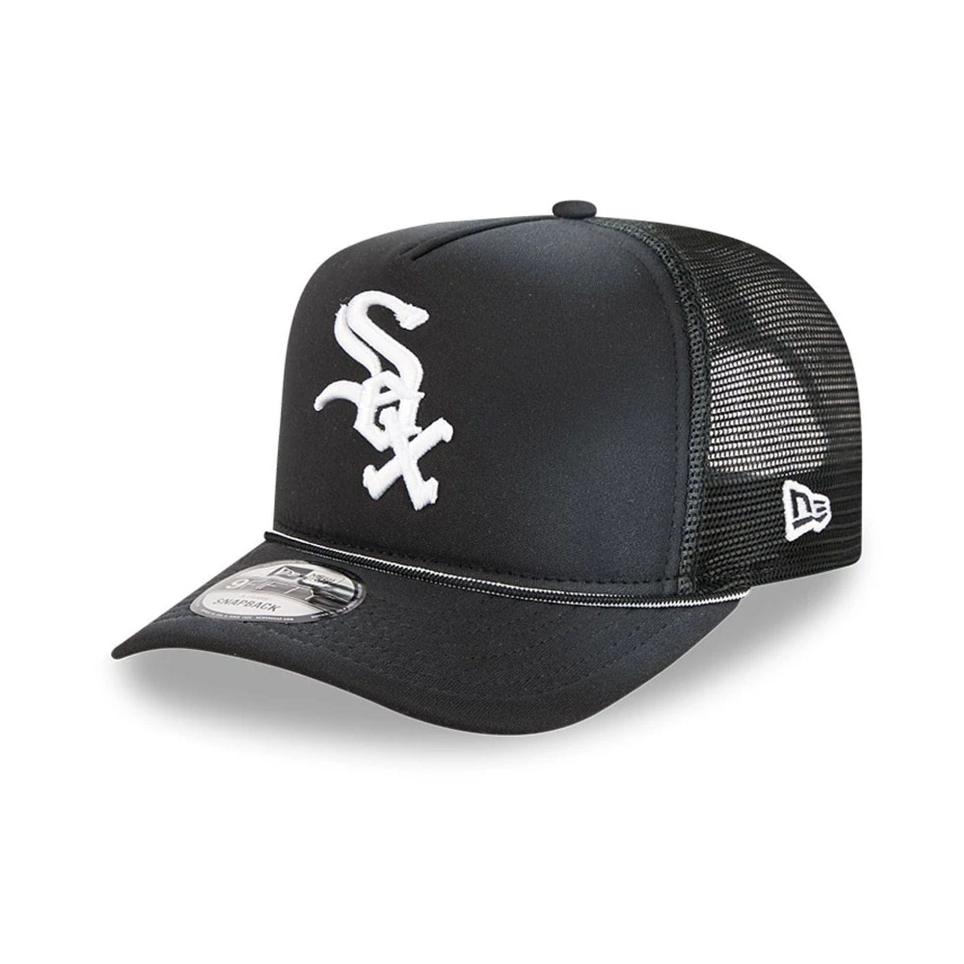 Pictured is this MLB Washed Chicago White Sox 9FIFTY A-Frame Trucker cap in black. 1