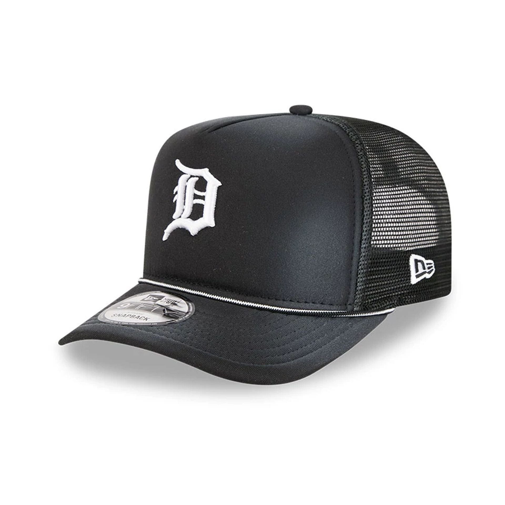 Pictured is this MLB Washed Detroit Tigers 9FIFTY A-Frame Trucker cap in black. 1