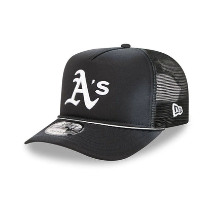 Pictured is this MLB Washed Athletics 9FIFTY A-Frame Trucker cap in black. 1