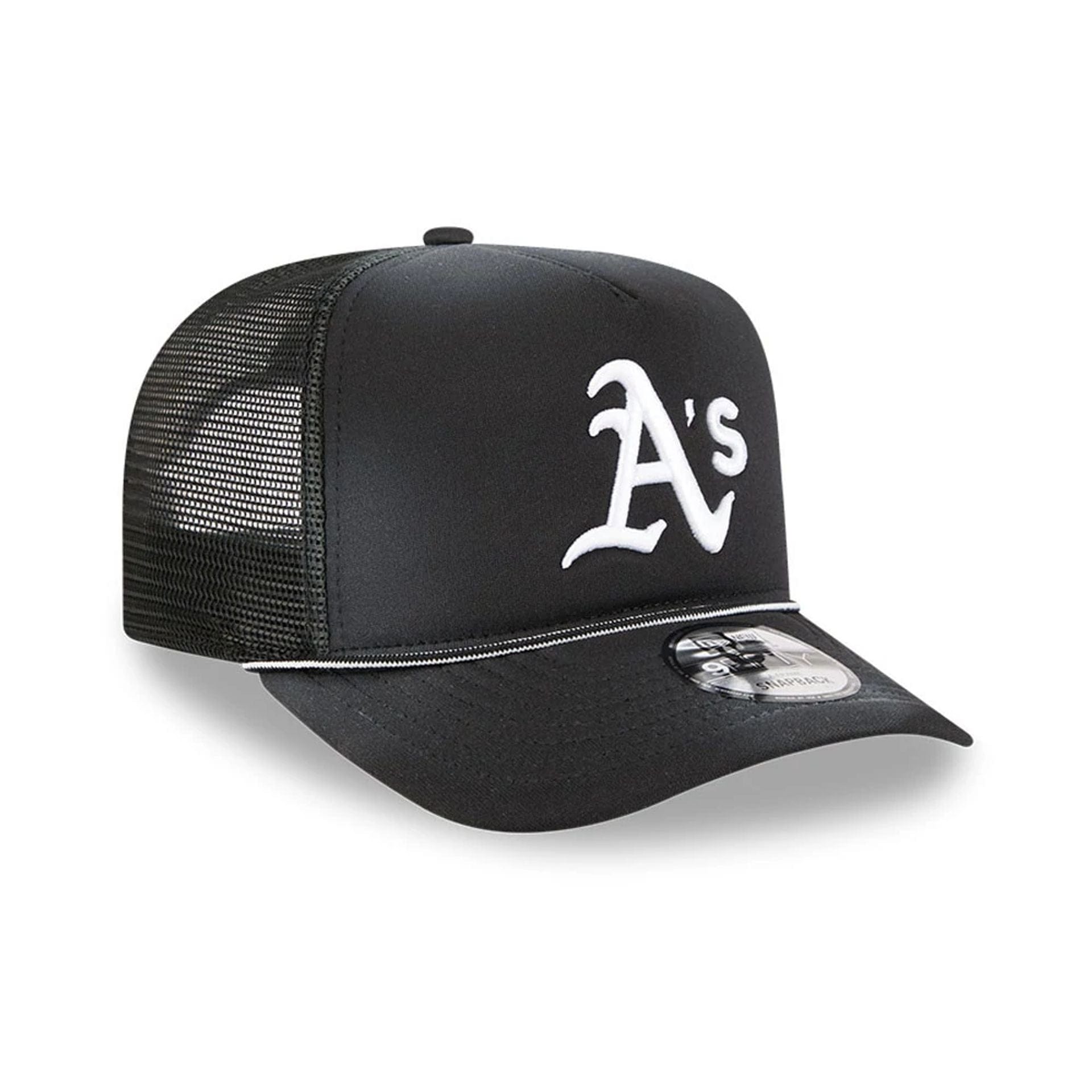 Pictured is this MLB Washed Athletics 9FIFTY A-Frame Trucker cap in black. 4
