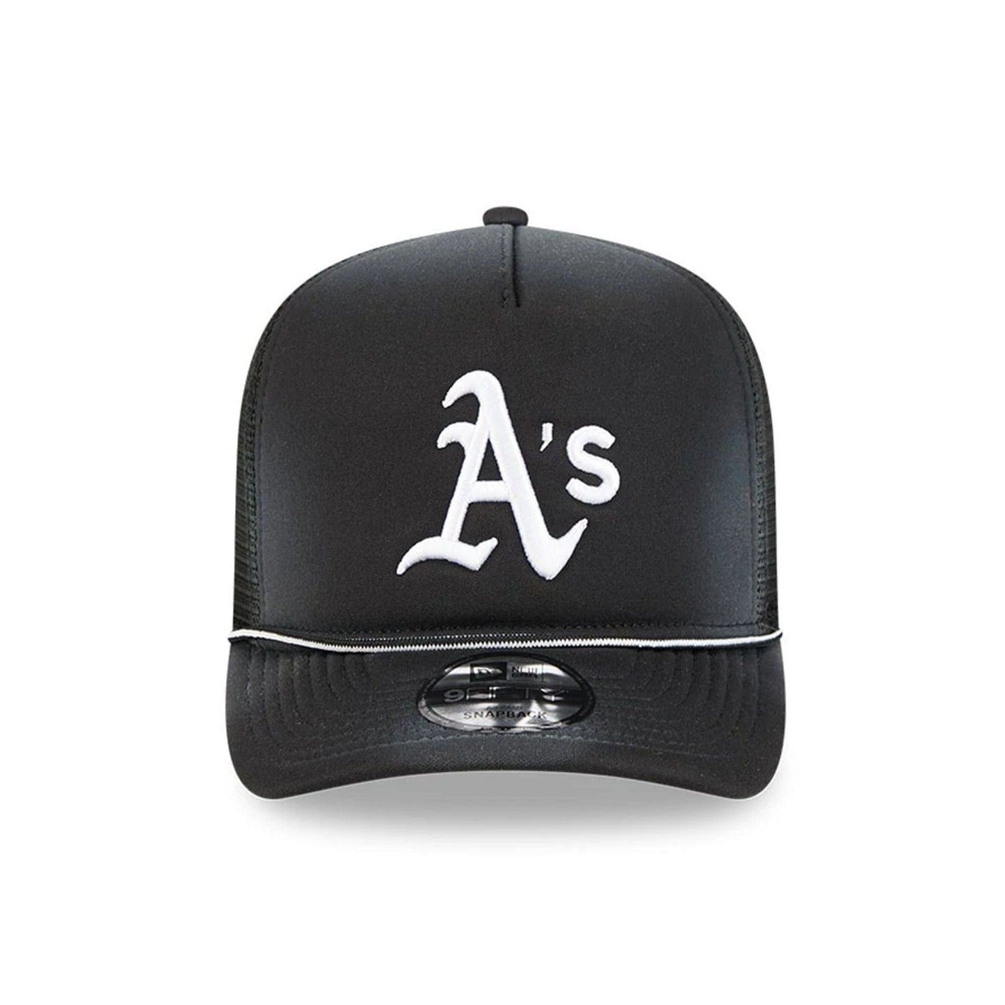 Pictured is this MLB Washed Athletics 9FIFTY A-Frame Trucker cap in black. 3