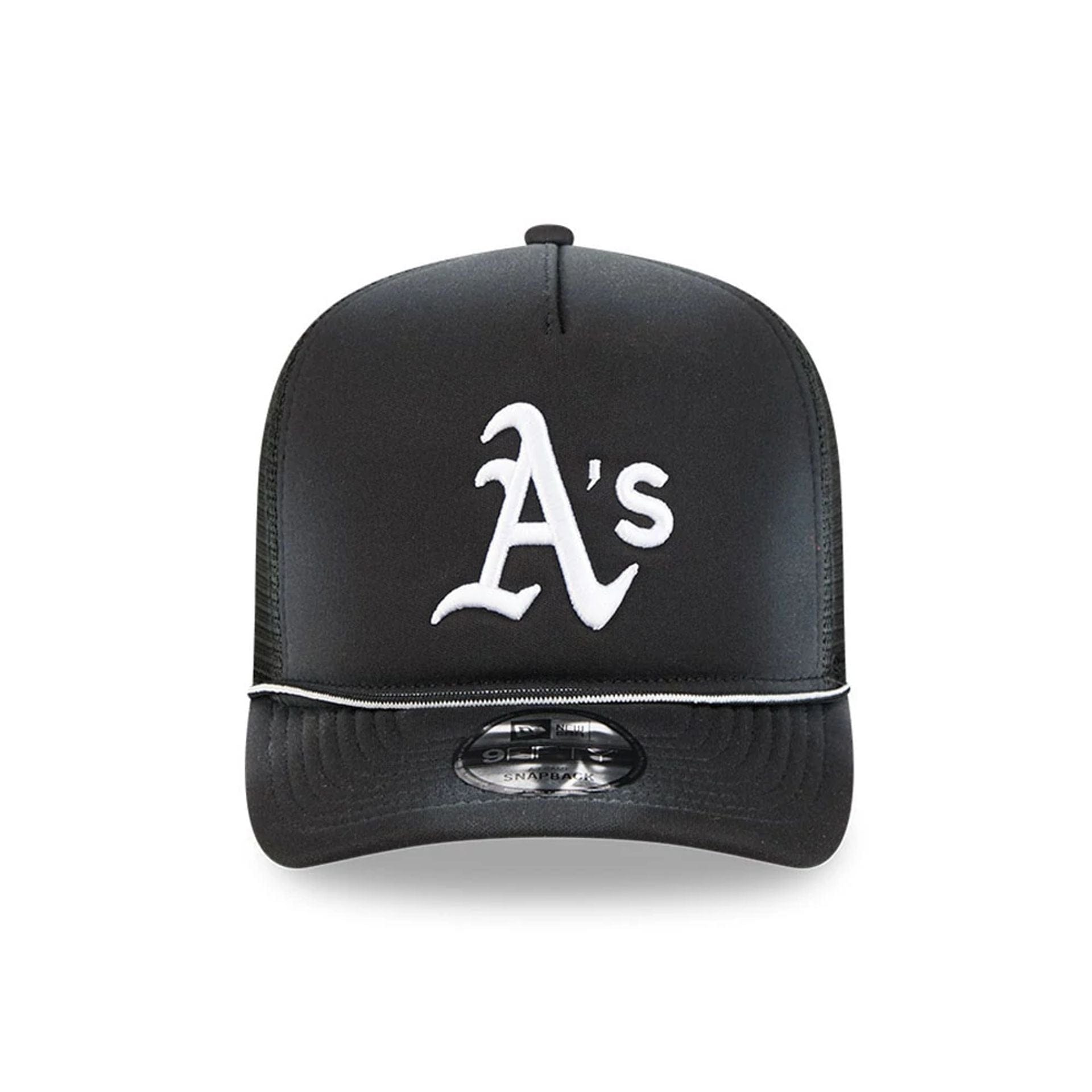 Pictured is this MLB Washed Athletics 9FIFTY A-Frame Trucker cap in black. 3