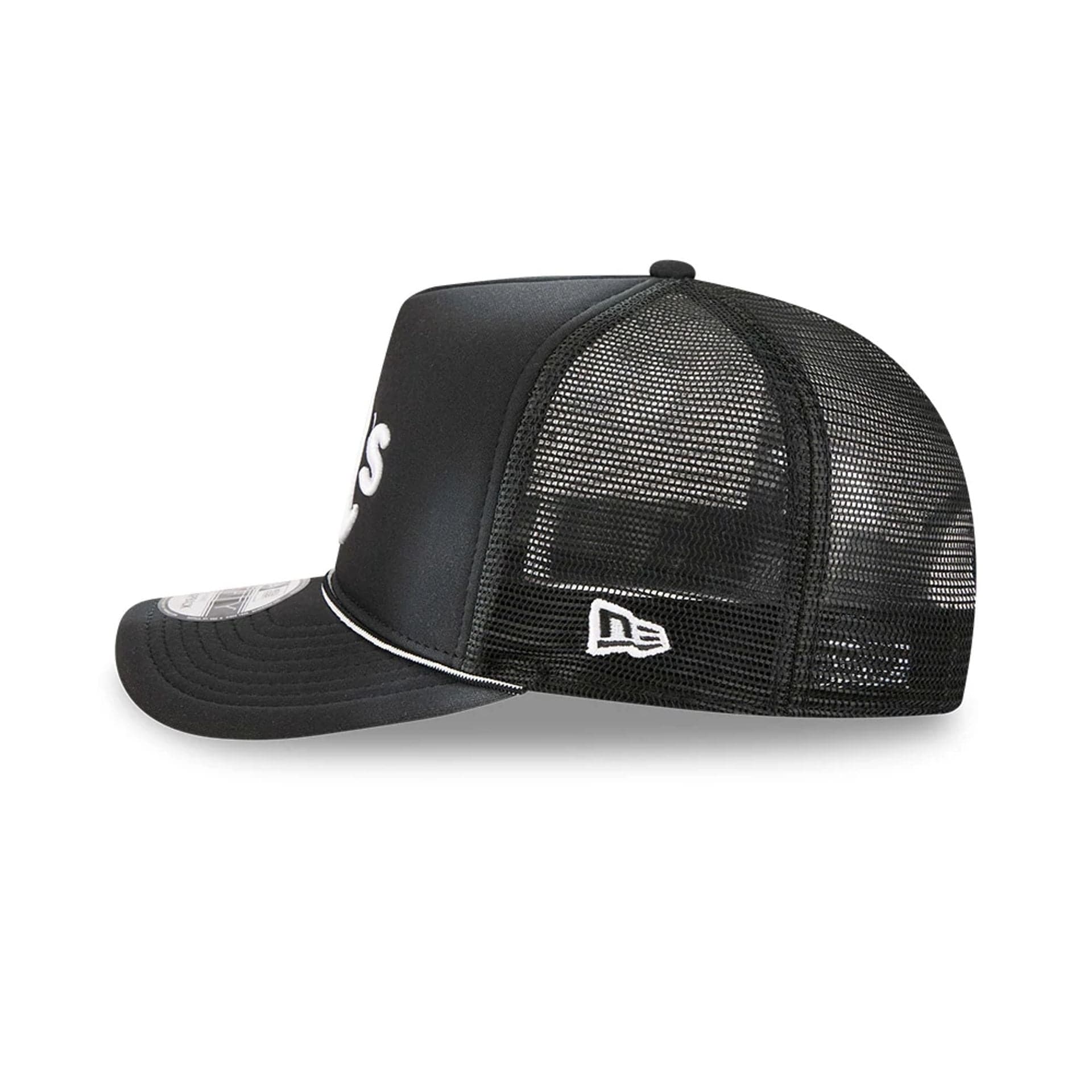 Pictured is this MLB Washed Athletics 9FIFTY A-Frame Trucker cap in black. 5