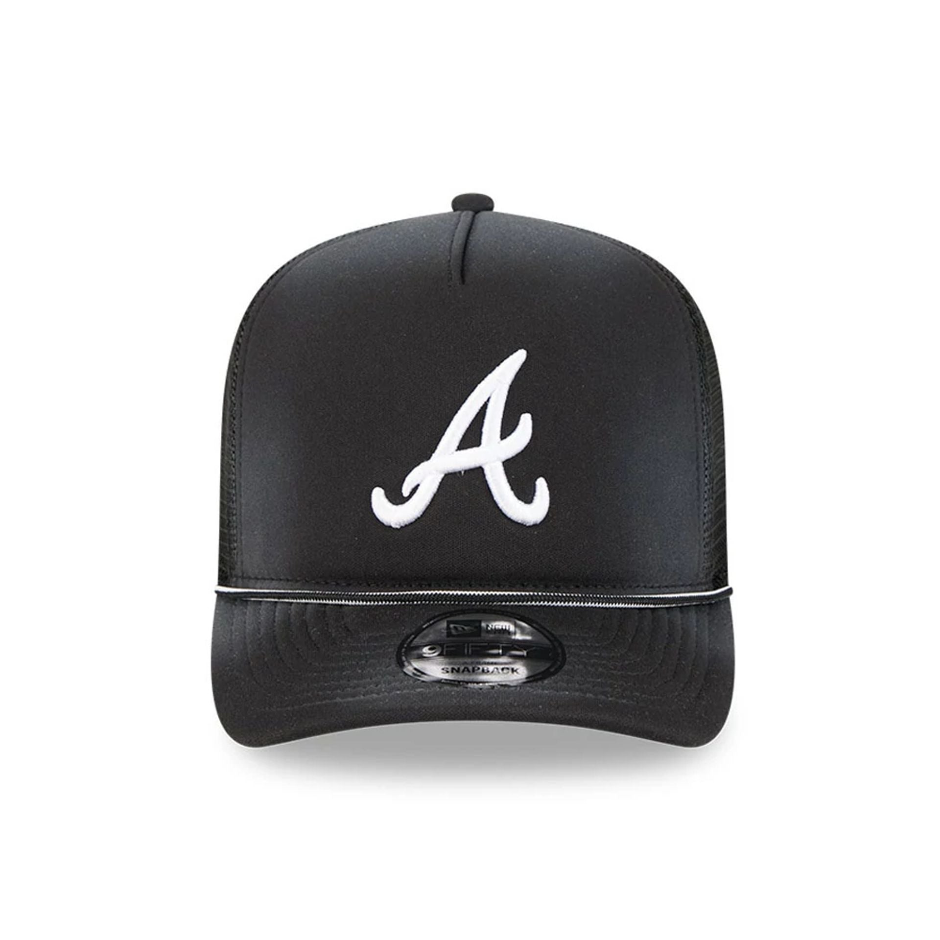Pictured is this MLB Washed Atlanta Braves 9FIFTY A-Frame Trucker cap in black. 3