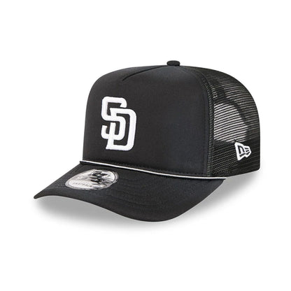 Pictured is this MLB Washed San Diego Padres 9FIFTY A-Frame Trucker cap in black. 1