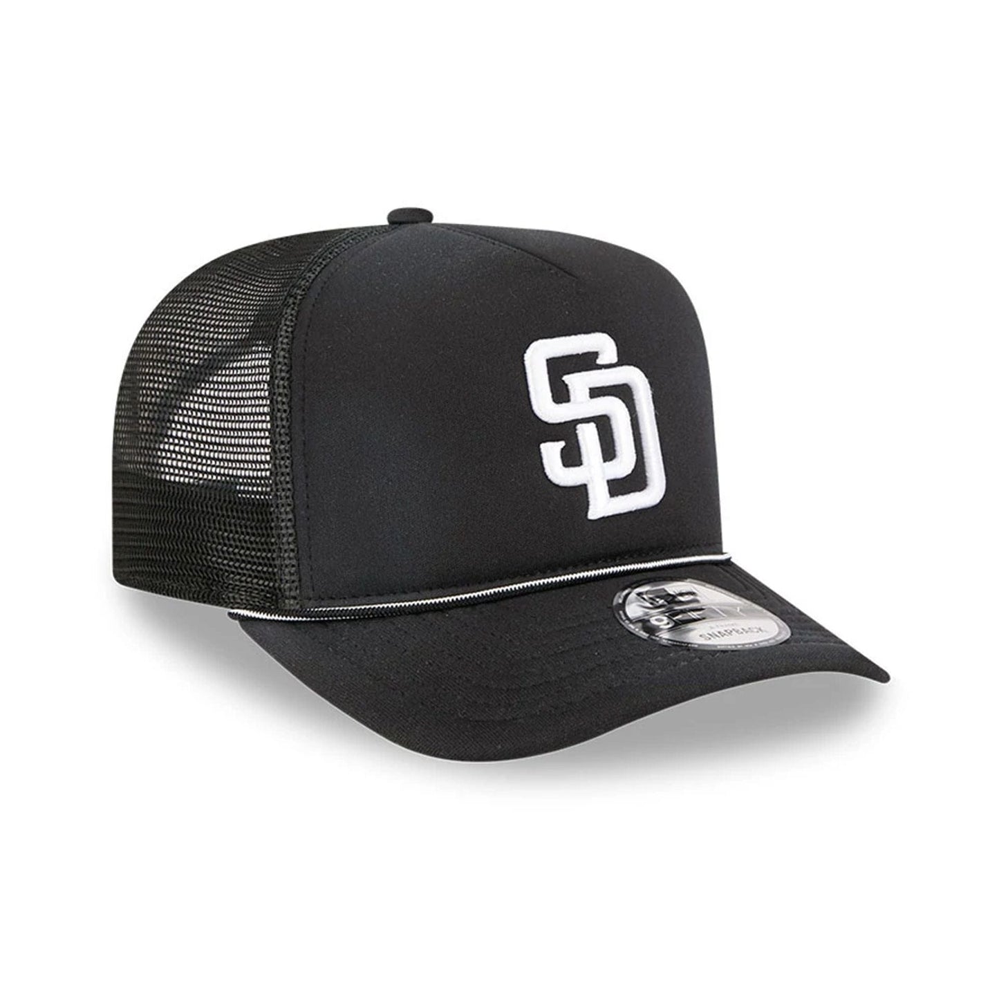Pictured is this MLB Washed San Diego Padres 9FIFTY A-Frame Trucker cap in black. 4