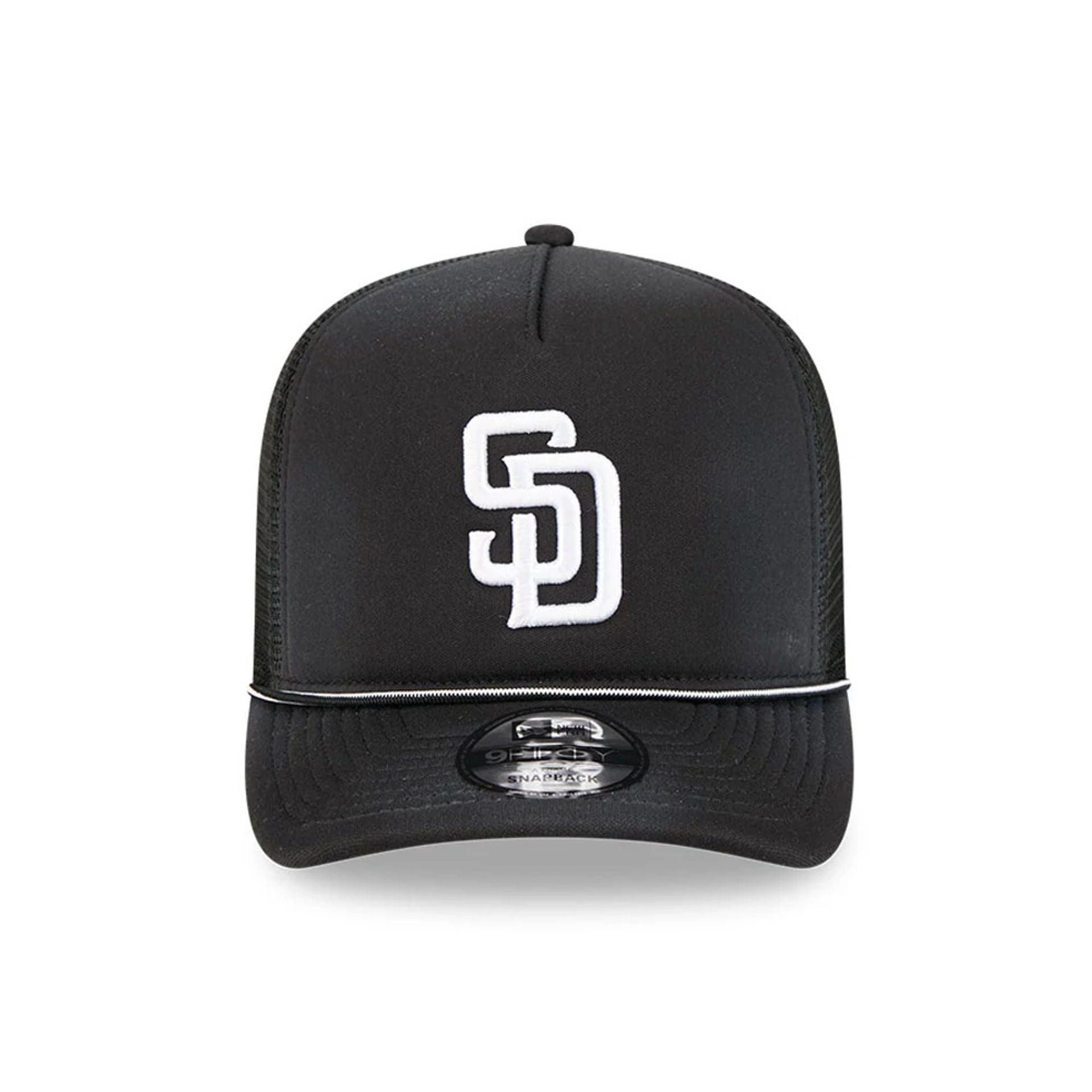 Pictured is this MLB Washed San Diego Padres 9FIFTY A-Frame Trucker cap in black. 3