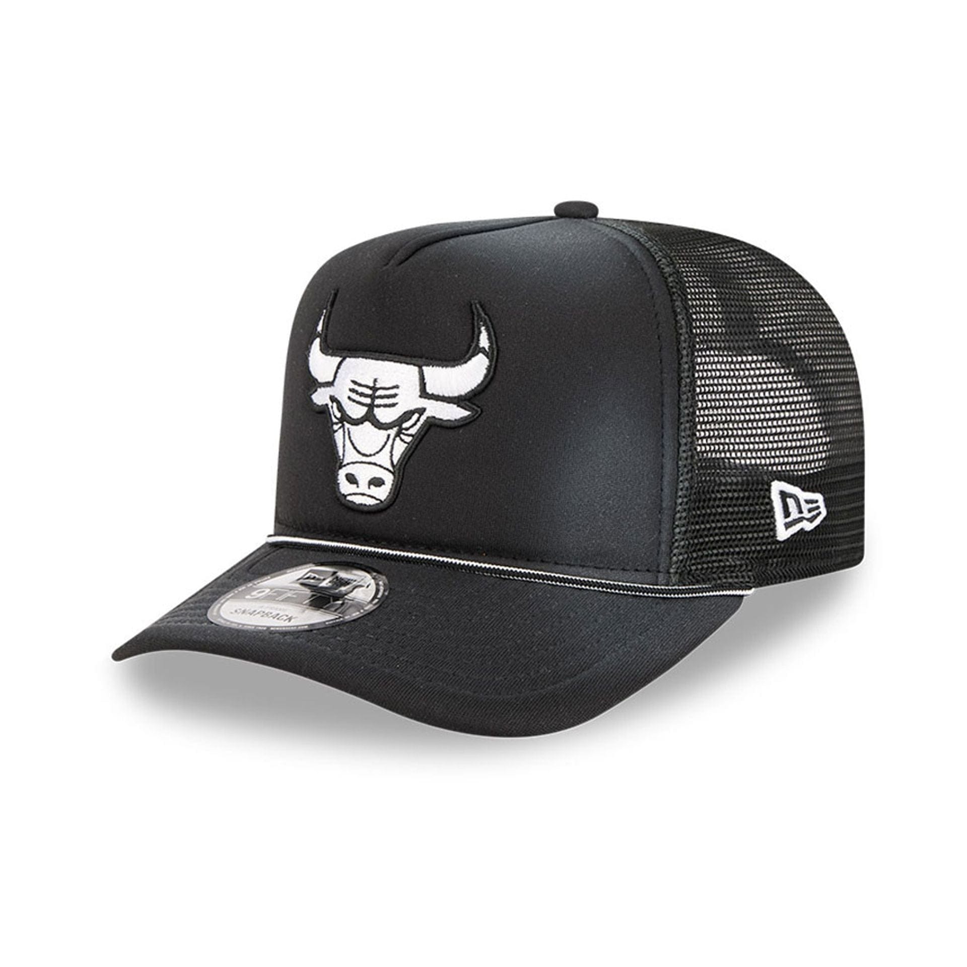 Pictured is this NBA Washed Chicago Bulls 9FIFTY A-Frame Trucker cap in black. 1