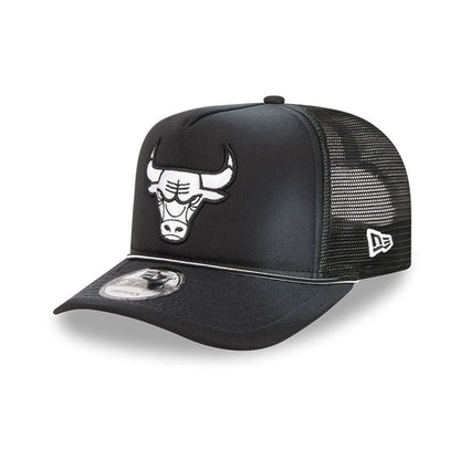 Pictured is this NBA Washed Chicago Bulls 9FIFTY A-Frame Trucker cap in black. 1