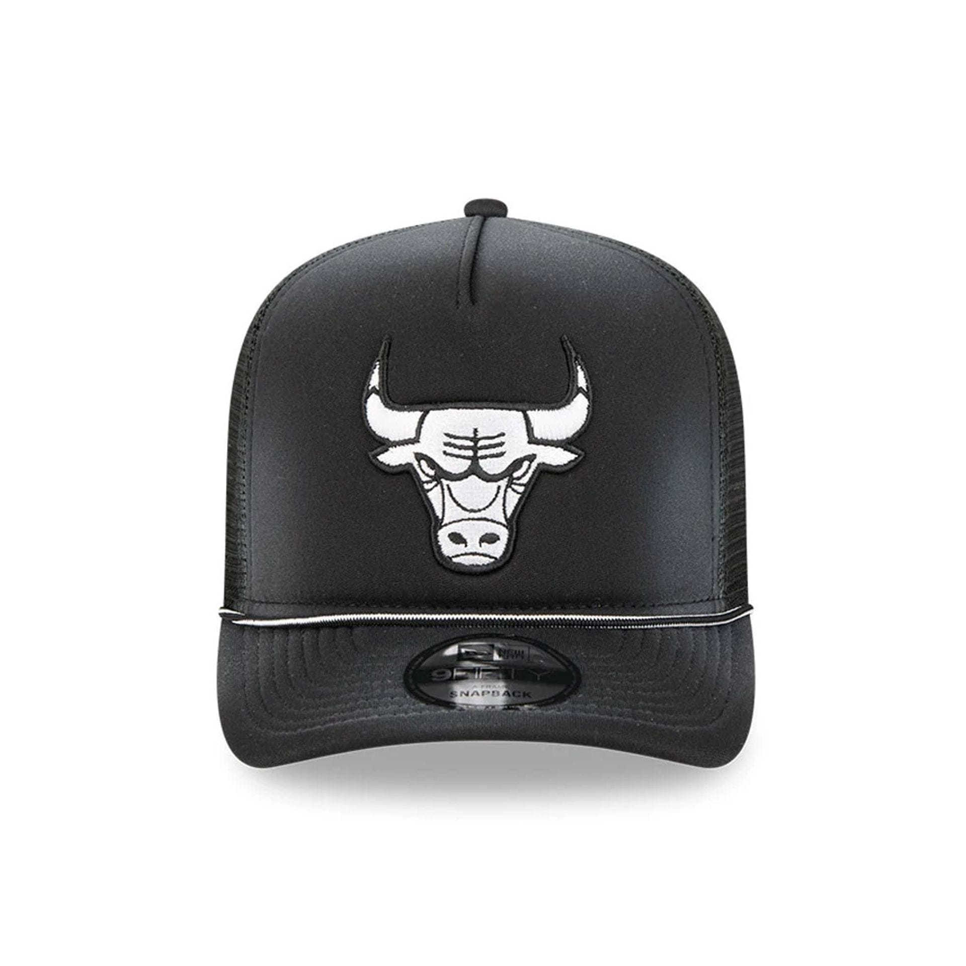 Pictured is this NBA Washed Chicago Bulls 9FIFTY A-Frame Trucker cap in black. 3