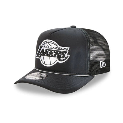 Pictured is this NBA Washed LA Lakers 9FIFTY A-Frame Trucker cap in black. 1
