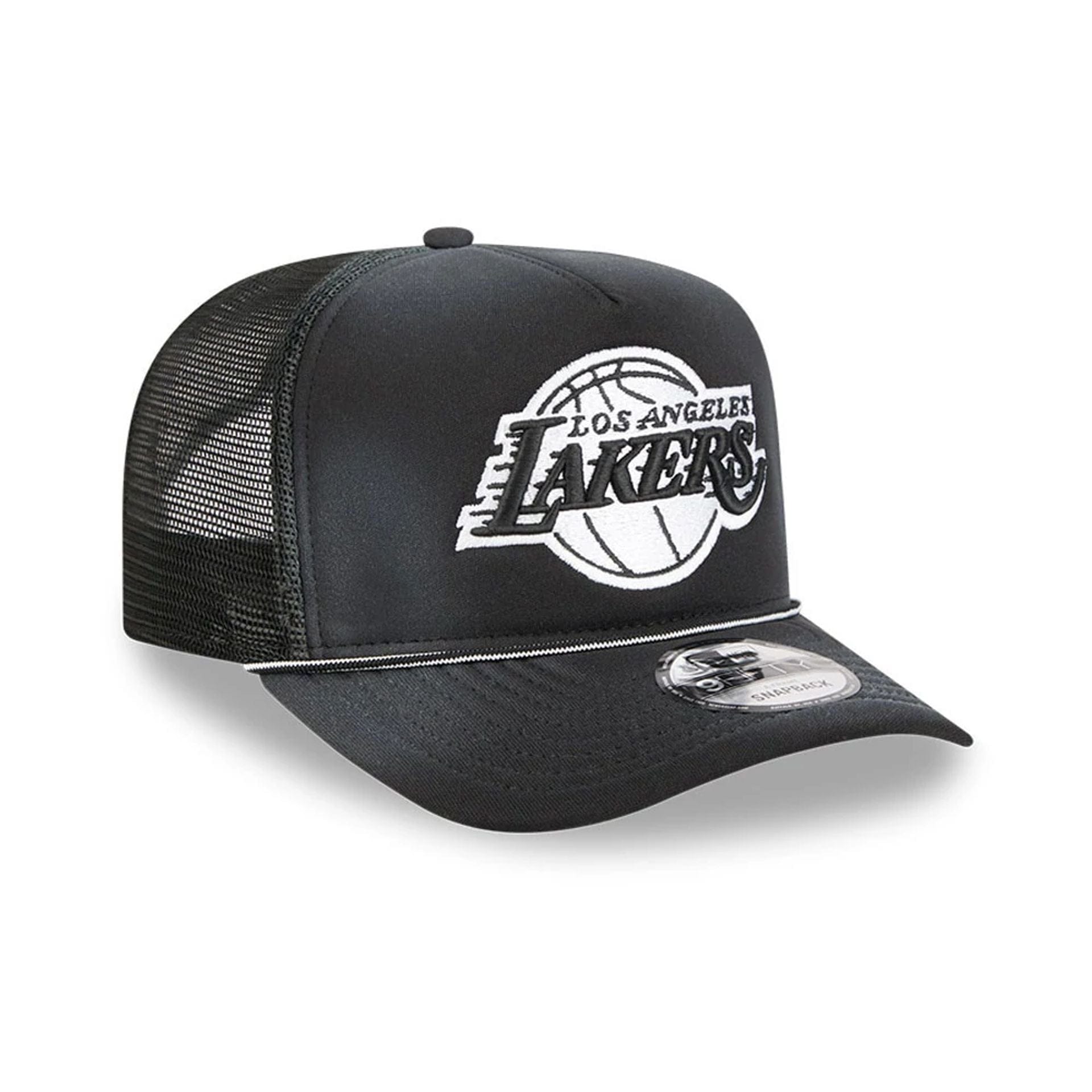 Pictured is this NBA Washed LA Lakers 9FIFTY A-Frame Trucker cap in black. 4