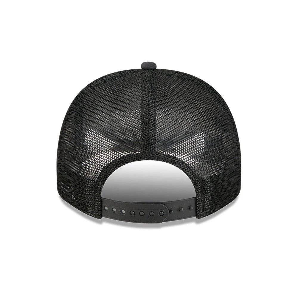 LA Lakers NBA Washed Black New Era 9FIFTY A-Frame Trucker Adjustable Cap, rear view showing the black mesh crown and adjustable snapback closure, with a small top button and curved edge above the opening.
