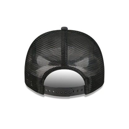 LA Lakers NBA Washed Black New Era 9FIFTY A-Frame Trucker Adjustable Cap, rear view showing the black mesh crown and adjustable snapback closure, with a small top button and curved edge above the opening.