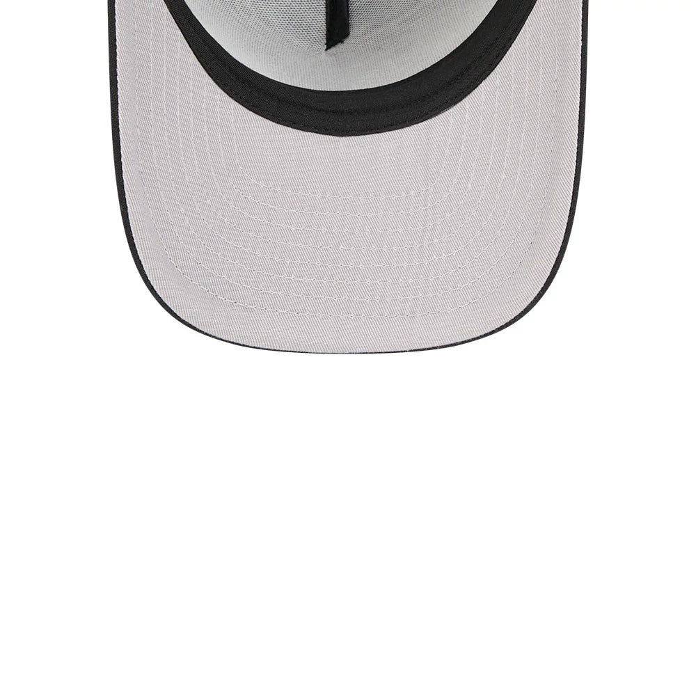 LA Lakers NBA Washed Black New Era 9FIFTY A-Frame Trucker Adjustable Cap, inside view showing a grey undervisor, black seam taping, and a matching sweatband along the interior edge.