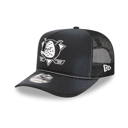 Pictured is this NHL Washed Anaheim Ducks 9FIFTY A-Frame Trucker cap in black. 1