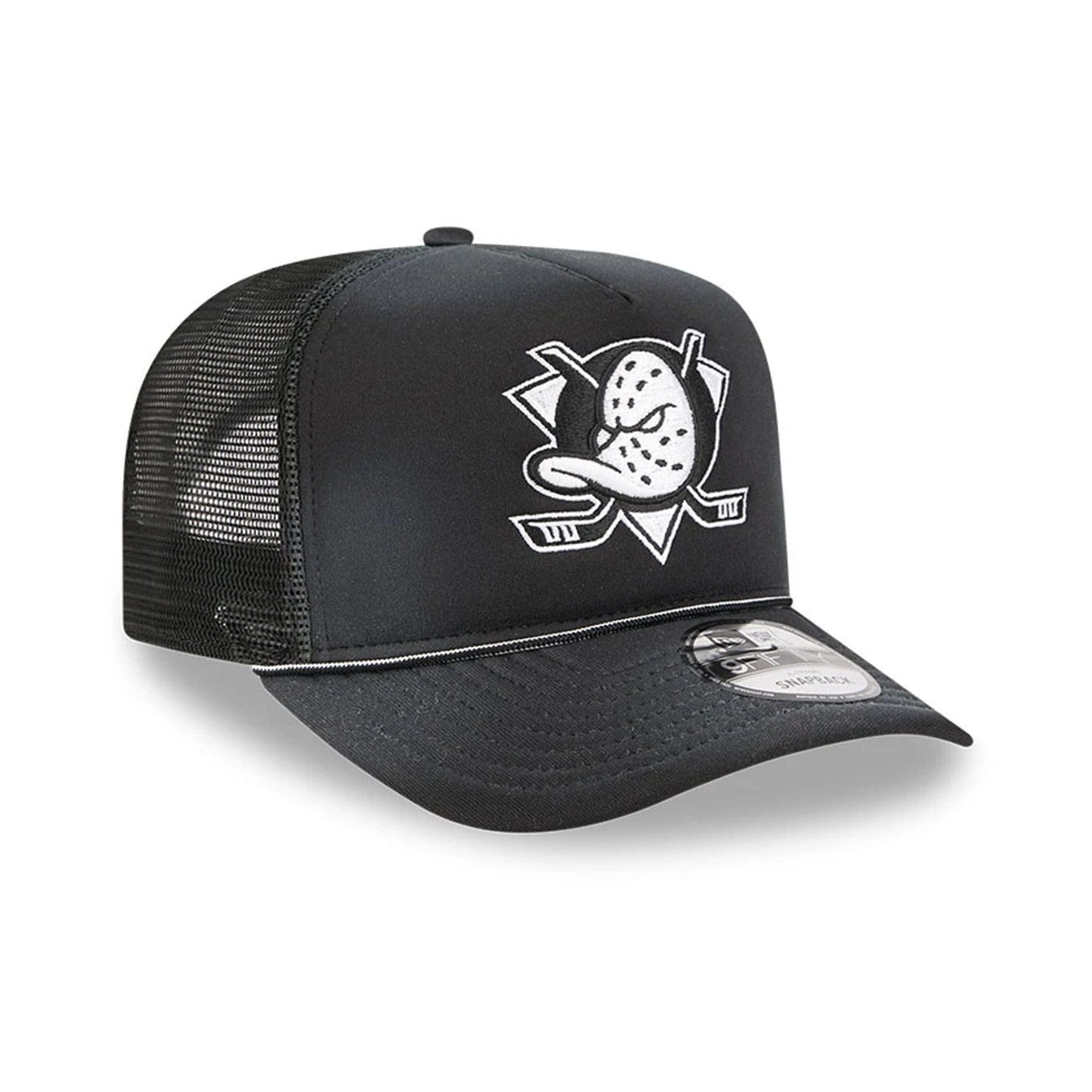 Pictured is this NHL Washed Anaheim Ducks 9FIFTY A-Frame Trucker cap in black. 4