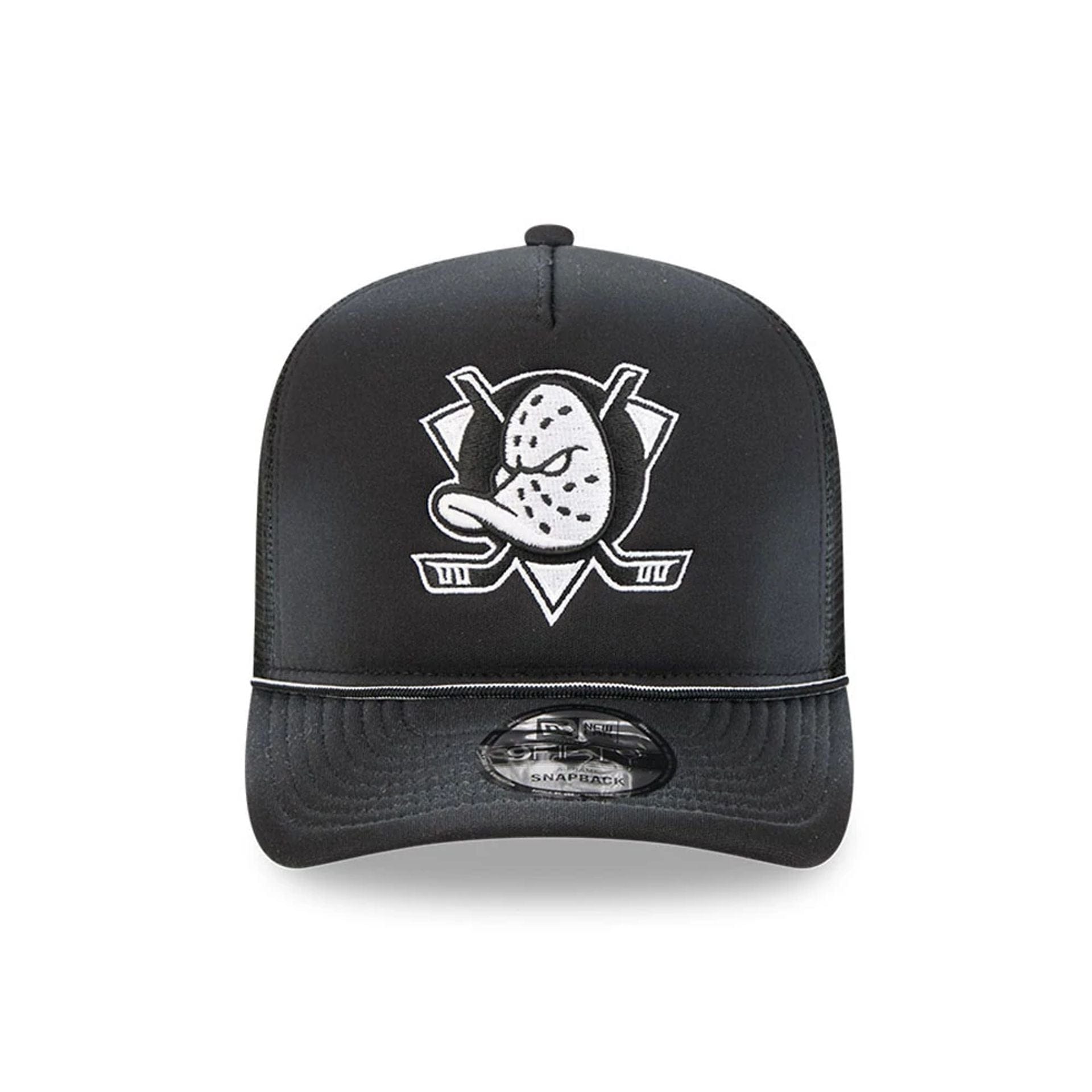 Pictured is this NHL Washed Anaheim Ducks 9FIFTY A-Frame Trucker cap in black. 3