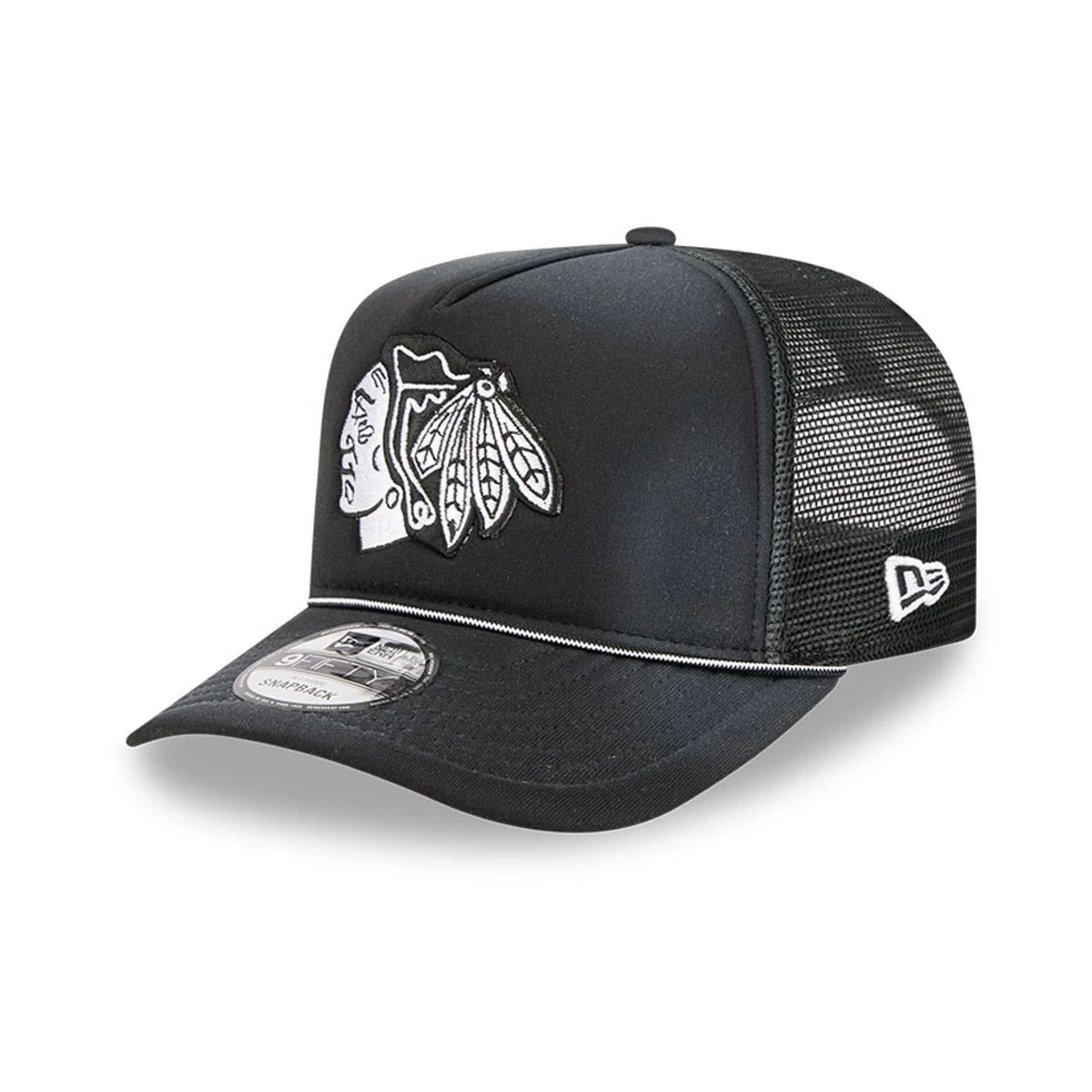 Pictured is this NHL Washed Chicago Blackhawks 9FIFTY A-Frame Trucker cap in black. 1