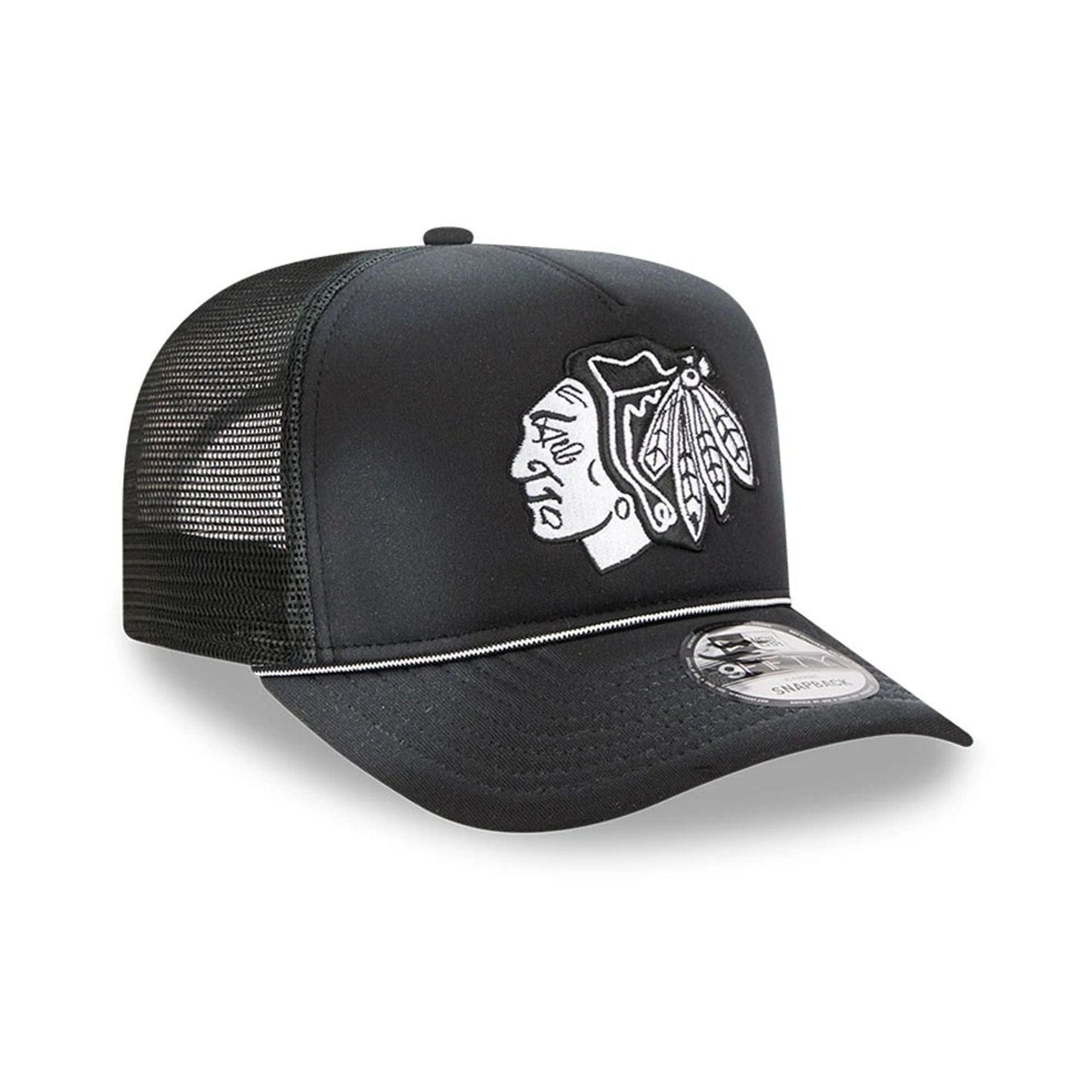 Pictured is this NHL Washed Chicago Blackhawks 9FIFTY A-Frame Trucker cap in black. 4