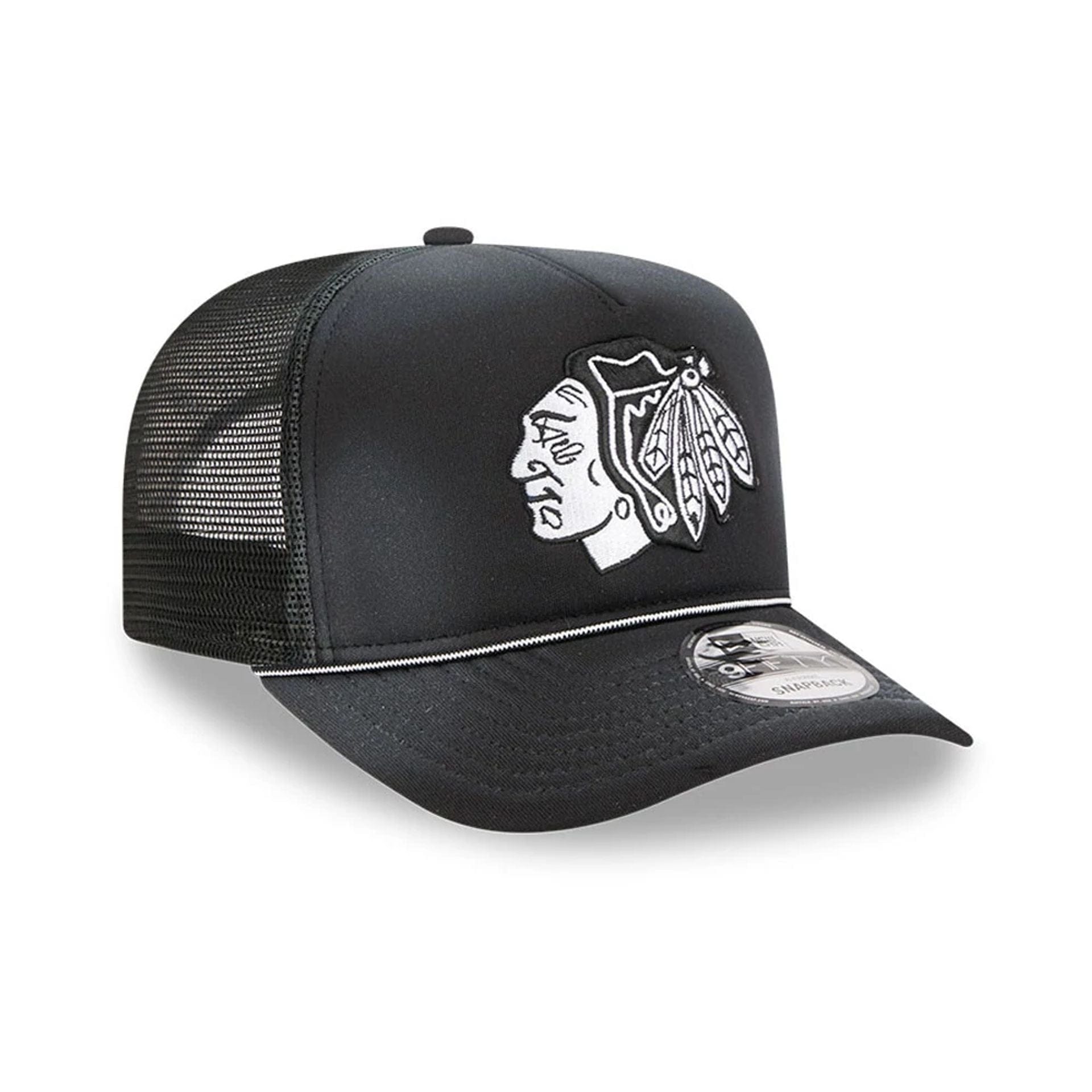 Pictured is this NHL Washed Chicago Blackhawks 9FIFTY A-Frame Trucker cap in black. 4