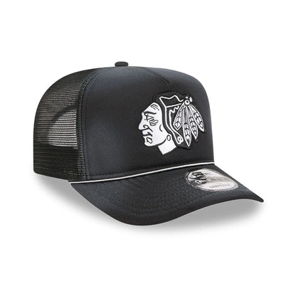 Pictured is this NHL Washed Chicago Blackhawks 9FIFTY A-Frame Trucker cap in black. 4