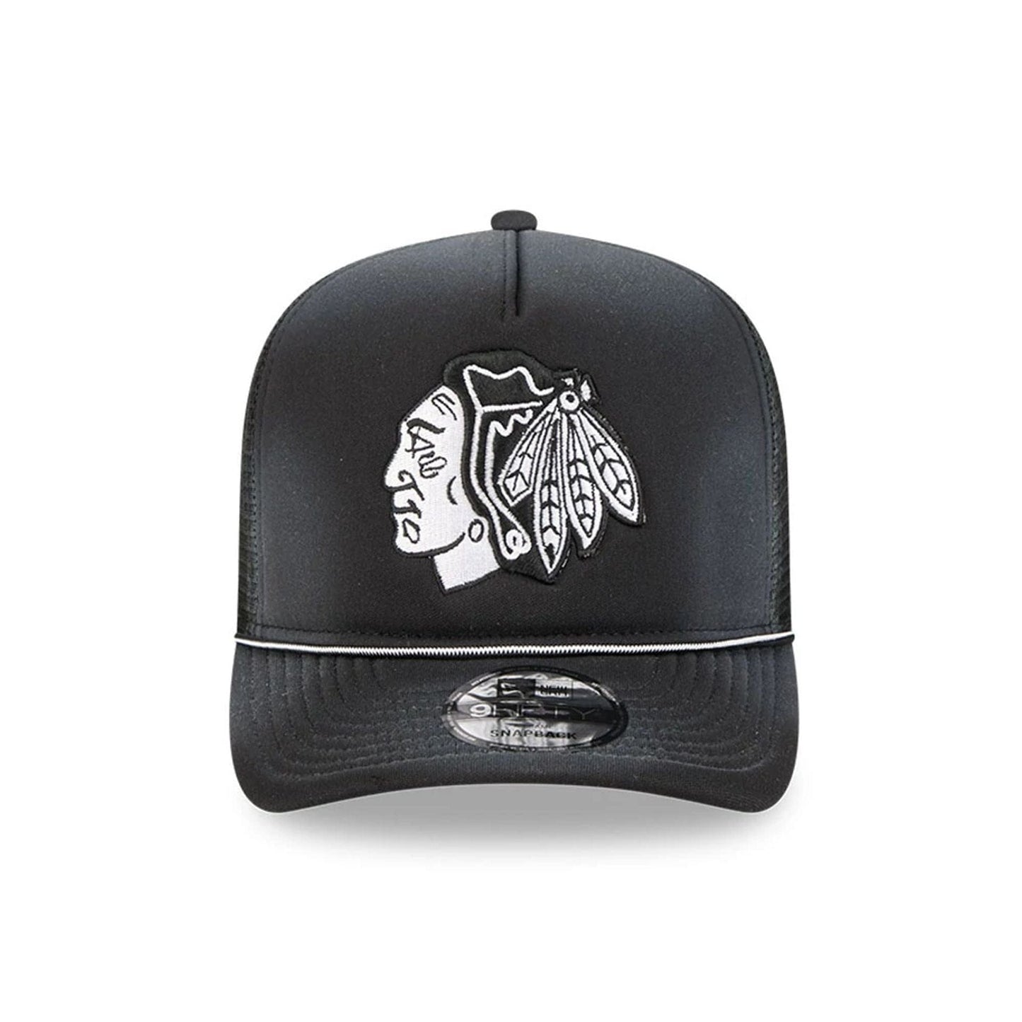 Pictured is this NHL Washed Chicago Blackhawks 9FIFTY A-Frame Trucker cap in black. 3
