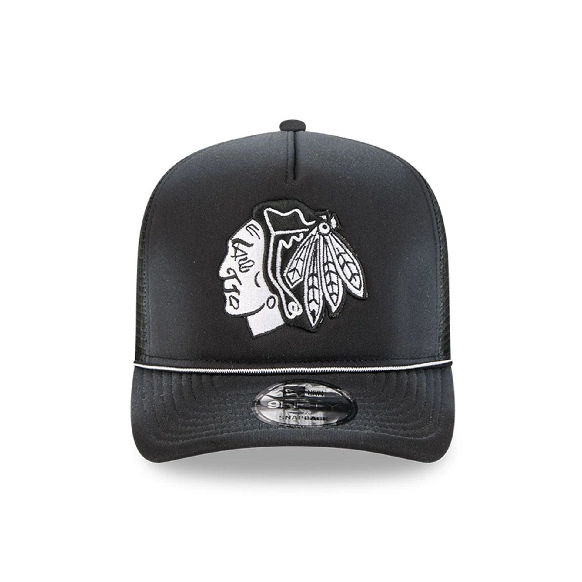 Pictured is this NHL Washed Chicago Blackhawks 9FIFTY A-Frame Trucker cap in black. 3