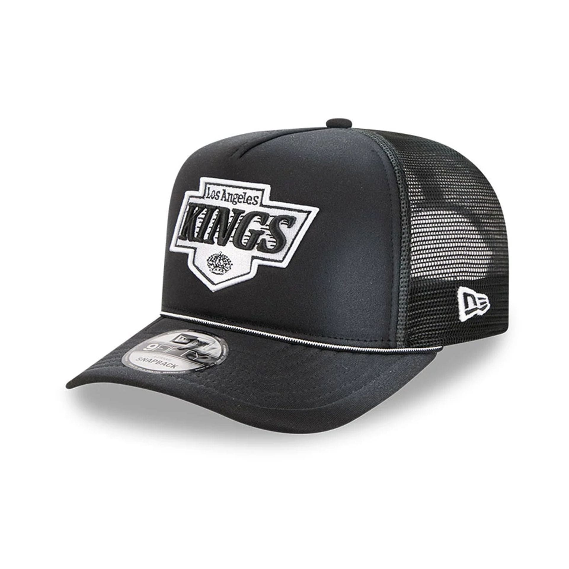 Pictured is this NHL Washed LA Kings 9FIFTY A-Frame Trucker cap in black. 1