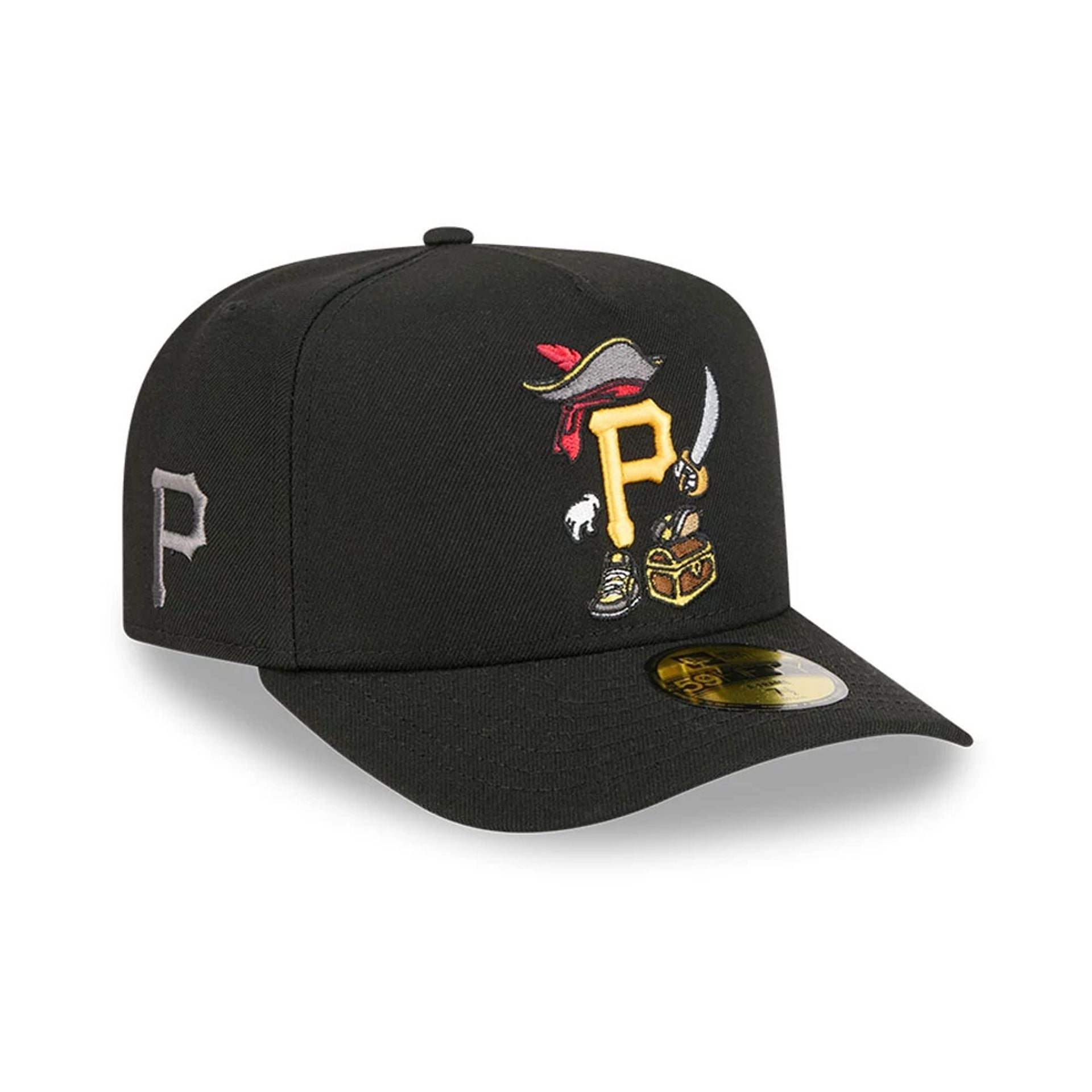 Pictured is this MLB Cartoon Pittsburgh Pirates 59FIFTY A-Frame Fitted cap in black. 1