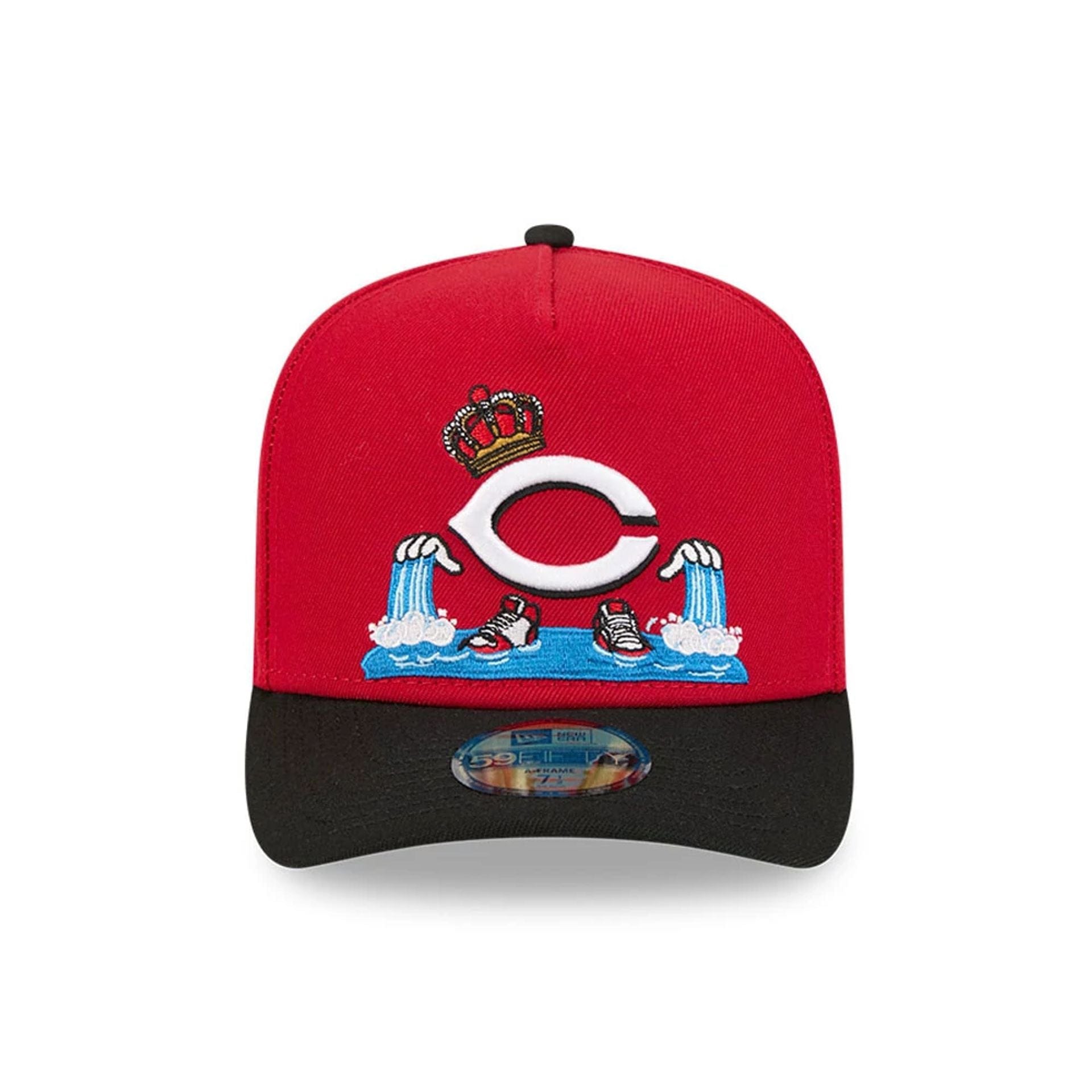 Pictured is this MLB Cartoon Cincinnati Reds 59FIFTY A-Frame Fitted cap in red. 3