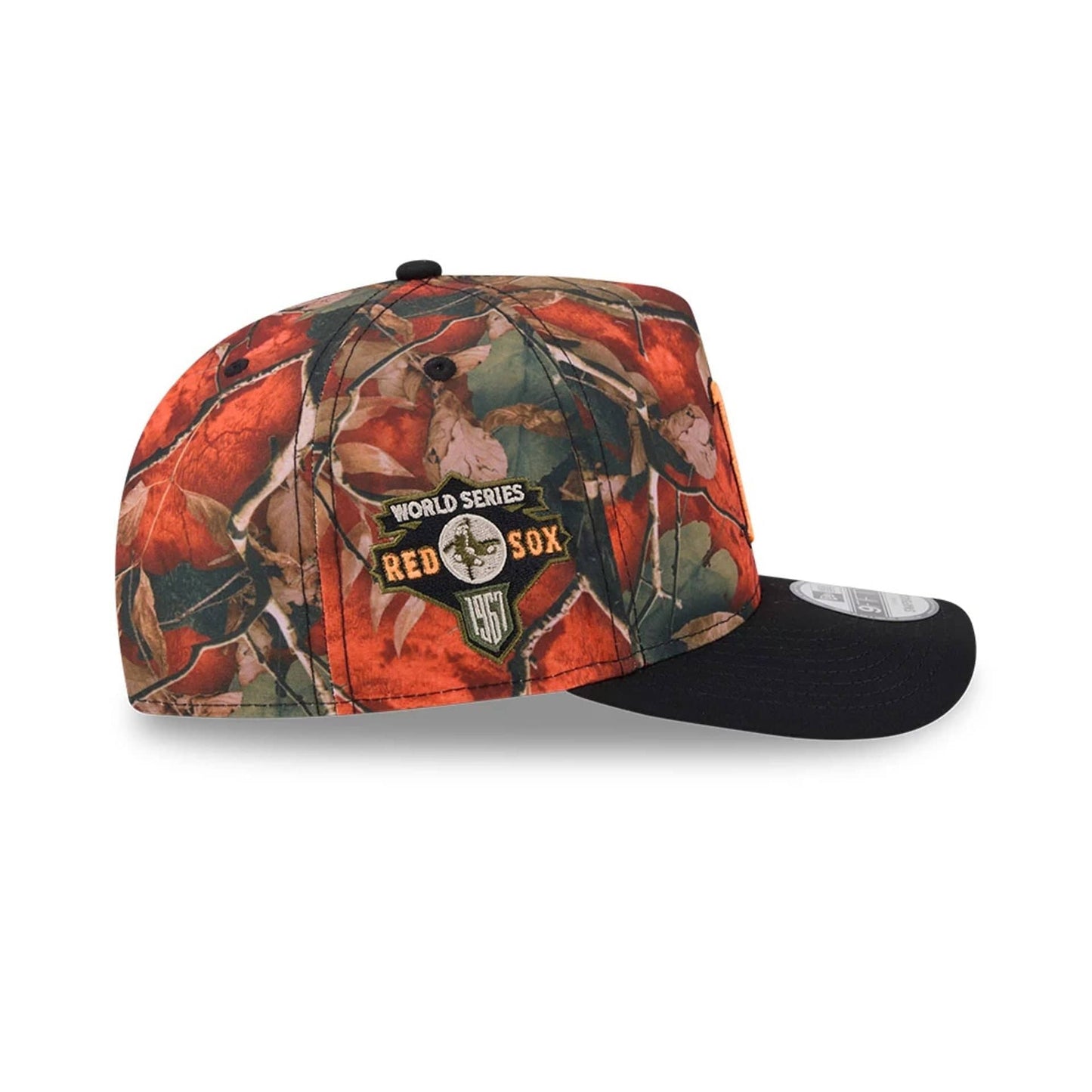 Pictured is this MLB Leaves Boston Red Sox 9FIFTY A-Frame Snapback cap in bright orange. 5