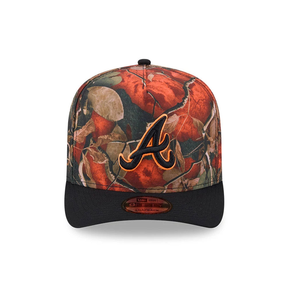 Pictured is this MLB Leaves Atlanta Braves 9FIFTY A-Frame Snapback cap in bright orange. 3