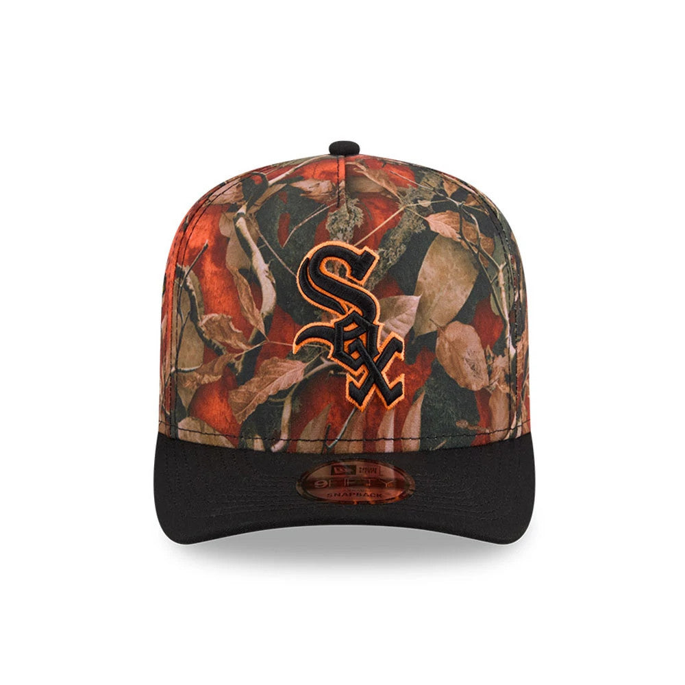 Pictured is this MLB Leaves Chicago White Sox 9FIFTY A-Frame Snapback cap in bright orange. 3