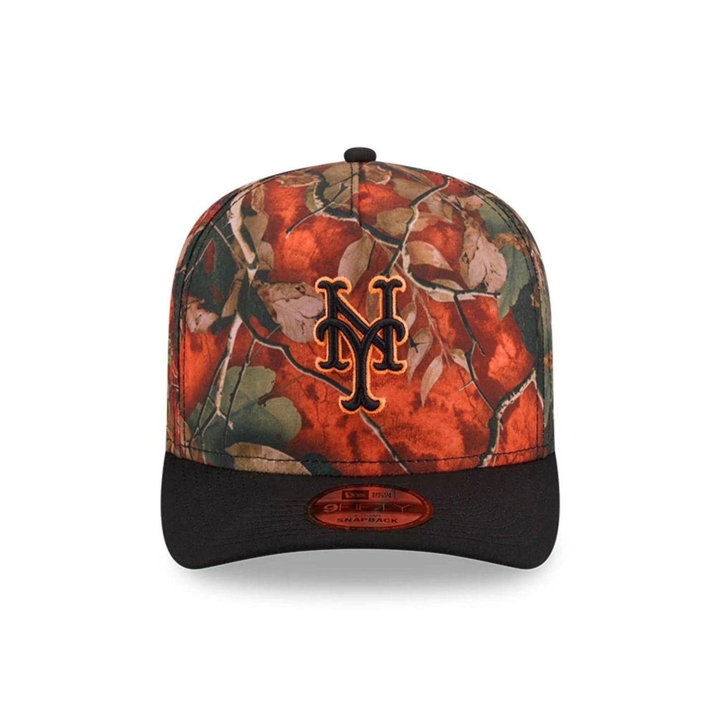 Pictured is this MLB Leaves New York Mets 9FIFTY A-Frame Snapback cap in bright orange. 3