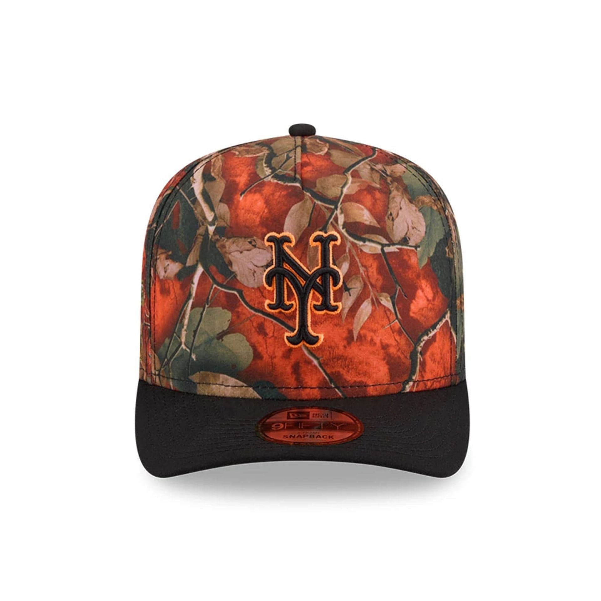 Pictured is this MLB Leaves New York Mets 9FIFTY A-Frame Snapback cap in bright orange. 3