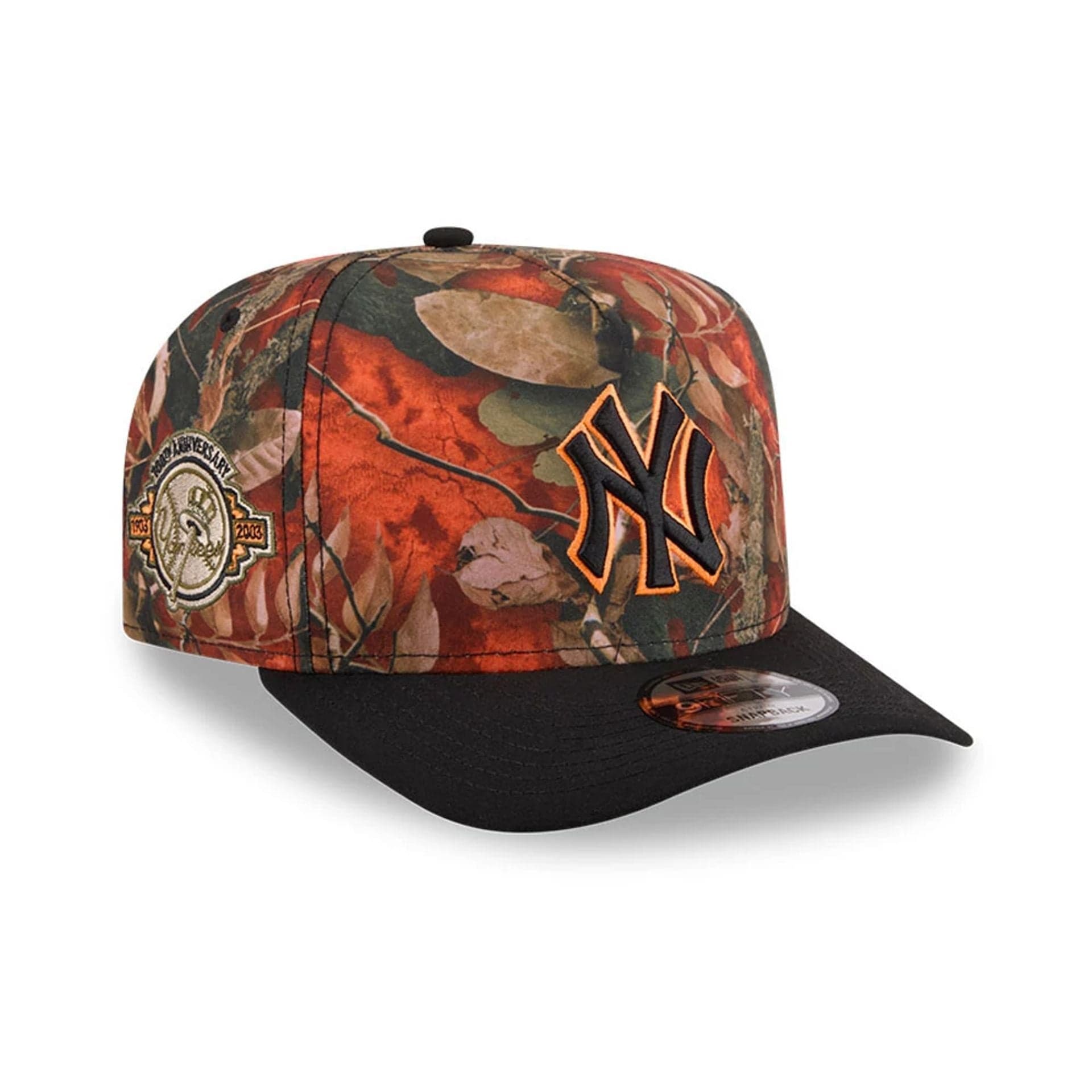 Pictured is this MLB Leaves New York Yankees 9FIFTY A-Frame Snapback cap in bright orange. 1
