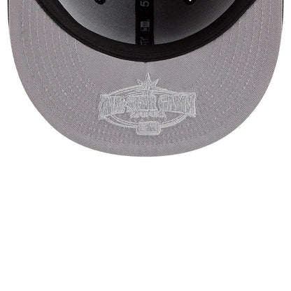 Seattle Mariners MLB Hidden Hit Navy New Era 59FIFTY Fitted Cap, inside view showing grey undervisor with a detailed white embroidered graphic, black sweatband with size label, and branded taping running across the inner panels.