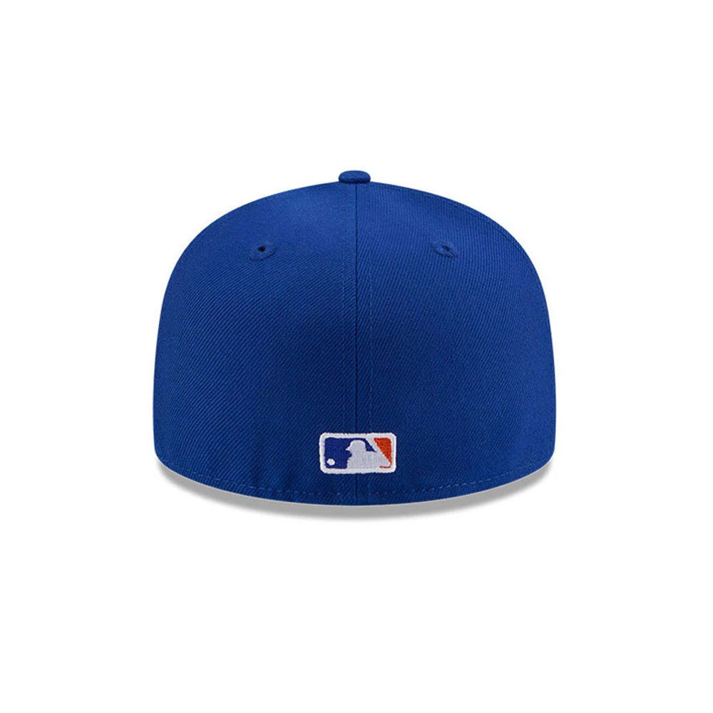 New York Mets MLB Hidden Hit Blue New Era 59FIFTY Fitted Cap, rear view showing the white and orange MLB Batterman logo at the centre of the back, set against the vivid blue structured crown with matching blue eyelets and a top button.