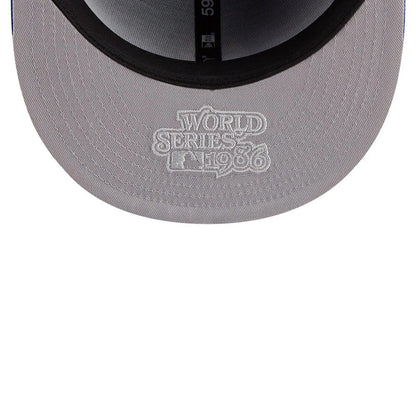 New York Mets MLB Hidden Hit Blue New Era 59FIFTY Fitted Cap, inside view showing the black sweatband, grey undervisor with white embroidered World Series 1986 logo, and part of the MLB Batterman logo on the taping.