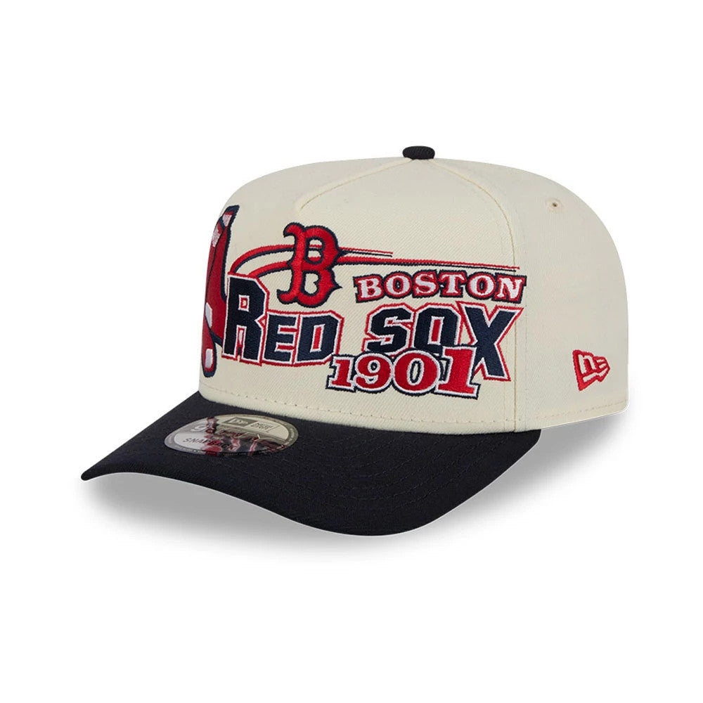 Boston Red Sox MLB Classic Cream New Era 9FIFTY A-Frame Snapback Adjustable Cap, front view showing a raised embroidered red and navy team logo across the cream front panel, with a flat black visor and a 9FIFTY size sticker.